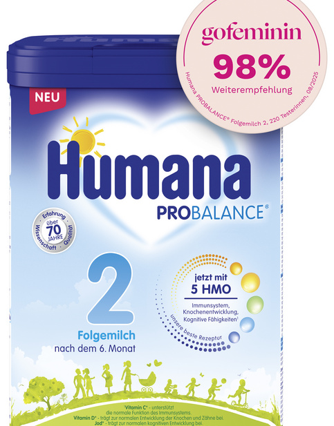Humana PROBALANCE® Folgemilch 2 in einem blauen Behälter, geeignet für Babys ab dem 6. Monat, enthält 5 HMO für Immun- und Knochengesundheit.