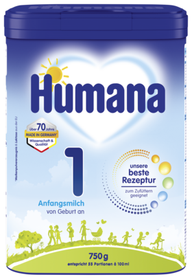 Humana Anfangsmilch 1 in der 750 g Packung, geeignet für Säuglinge von Geburt an, mit Angaben zur Rezeptur und Portionsgröße.