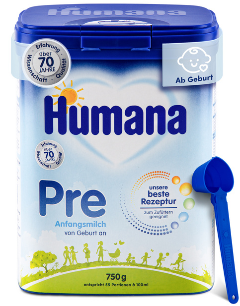 Humana Pre Anfangsmilch in einer 750 g Dose, geeignet für Neugeborene, mit blauer Messlöffel und dekorativem Design.
