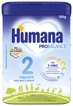 Folgemilch Humana PROBALANCE 2 in einer 750g Packung, geeignet für Babys nach dem 6. Monat, unterstützt das Immunsystem und die Entwicklung.