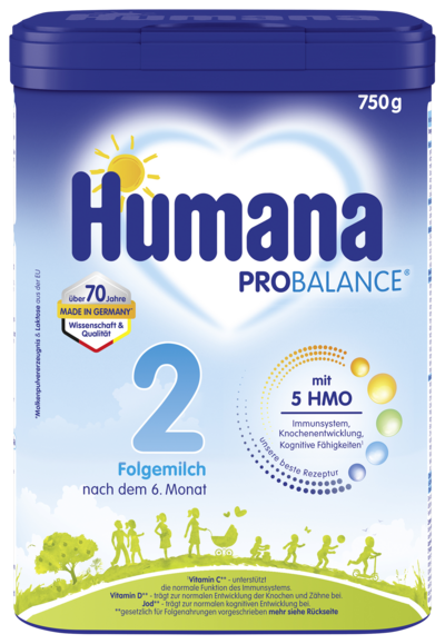 Folgemilch Humana PROBALANCE 2 in einer 750g Packung, geeignet für Babys nach dem 6. Monat, unterstützt das Immunsystem und die Entwicklung.